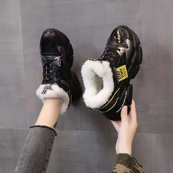 Inverno Robusto Tênis 2020 Mulheres Sapatos de Couro Natural e Sapatos de Plataforma Quente de Lã Rodada Toe Sapatos Mulheres da Moda de Sapatos de Vulcanizar