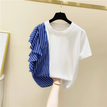 Irregular Costura Distribuído Babados de Manga Curta T-shirt das Mulheres de Verão coreano-Estilo Solto-Fit T-shirt Feminino Top Camisas Mujer