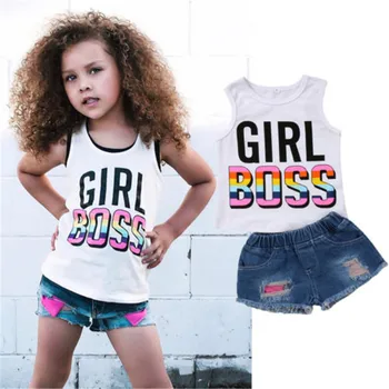 Nova Criança de Verão Meninas de Vestuário, roupas de Meninas crianças do Bebê Meninas Algodão Colete sem Mangas Tops+Short Jeans 2Pcs Conjunto