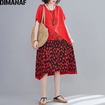 DIMANAF Mulheres Plus Size Vestido de Verão Sundress Vintage Feminino Senhora Vestidos Soltos Casual Emendados estampa de Leopardo Vestidos de Roupas