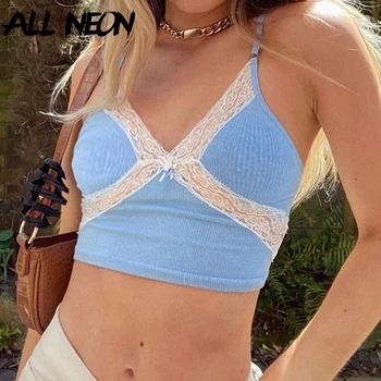 ALLNeon E-menina Doce de alcinhas V Profundo com Renda Camis Tops Y2K Chique de Verão, com Nervuras sem encosto de 90 Azul Crop Tops Streetwear