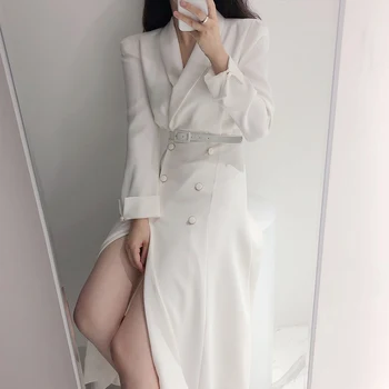 Outono Mulher Elegante Blazer Vestidos Femininos Dividir Sólido Double Breasted Vestido Longo 2020 Moda Preto Branco Office Lady Vestidos