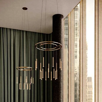 Anel de design de sala de estar LED candelabro, lâmpada de aço AC110V 220V lobby do hotel luzes de suspensão