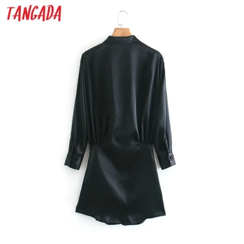 Tangada Moda Primavera Mulheres negras blusa de Cetim Vestido de Manga Longa Senhoras de Volta Zipper Vestido Mini 2XN42