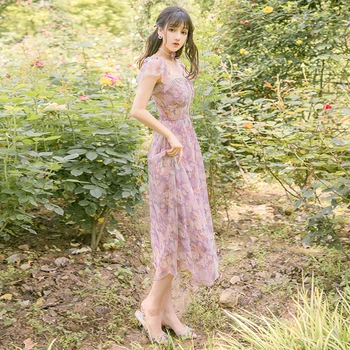 YOSIMI 2020 Verão, as Mulheres de Vestido Elegante Chiffon Floral Impressão Longo Vestido Mulher Manga Curta Decote sem Luz Roxo Vestidos de Festa