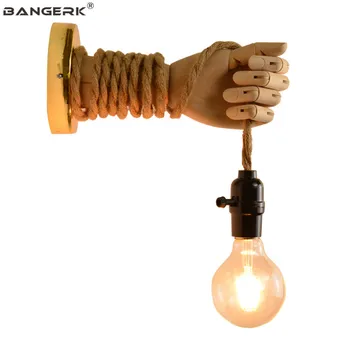 Mão criativa Tipo de LED, Lâmpada de Parede Moderna da Madeira Corda de Cânhamo Edison Candeeiro de Parede, Interruptor de Luzes Decoração de Loft Casa de Iluminação Luminária