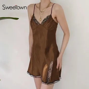 Sweetown Y2K Estética Bonito Cetim Mini Vestido das Mulheres Guarnição do Laço Marrom Vintage Kawaii Roupas sem Mangas até o Pescoço V Sexy E Vestidos da Menina