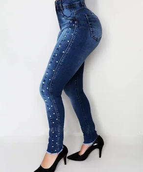 Calças Jeans Mulher de Cintura Alta Magro Magro Elástico de Jeans, Calças Femme Vintage Azul Perolização Push-Up Lápis de Jeans Plus Size S-2XL