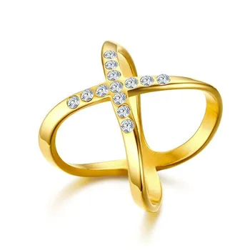 Mulheres da Jóia das Senhoras CZ Anéis de Aniversário de X em Forma de Anel, com Resumo de Design em Aço Inoxidável Dourado