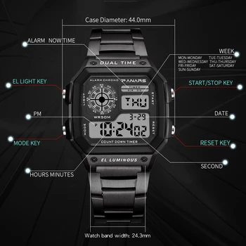 PANARS Esportes Mens de Negócios Praça Retro Relógios Impermeável Contagem regressiva Digital Cronômetro Relógio g Relógio de Choque Ir Choque de Ouro