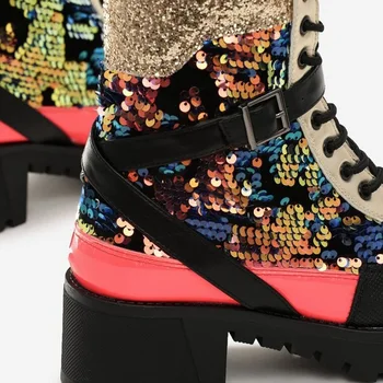 2020 moda de nova Alta de Mulheres maiores de Frênulo Bling Sola de Borracha partido robusto Sapatos de Inverno de retalhos Botas de Pele de veludo V274