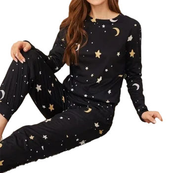 Mulheres de Pijama Conjunto de desenhos animados Estrelas, Lua de Casa, Pijamas Femininos parte 2 Ternos de Pijama Homewear manga Longa Noite Terno de roupa de dormir