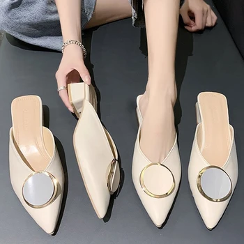 2020 Mulheres Chinelos De Quarto Mulas Sapatos Elegantes Apontado Personalidade Fivela Senhoras Chinelos Confortáveis De Salto Baixo Exterior Slides