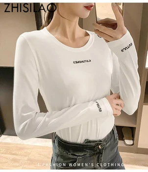 Letra Imprimir Mulheres T-shirt de Manga Longa Preta de Algodão T-Shirt Femme O pescoço de Mola 2019 Casual Mulheres Tops, T-shirt Branca Chique