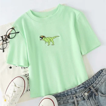 2020 mulheres cartoon print verde de manga curta t tops da moda feminina bordado de dinossauro de impressão curta t-shirt femme