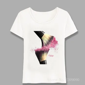 Maquiador de Design de T-Shirt de Verão das Mulheres T-shirt Engraçada Maquiagem Escova de obras de Arte Coloridas Camiseta Casual Tops Menina Bonito Tees Harajuku
