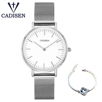 CADISEN Mulheres Relógio de forma Definida Senhora Casuais Relógios de Aço Inoxidável da Malha Banda Elegante Desgin Prata Relógio de Quartzo para mulheres