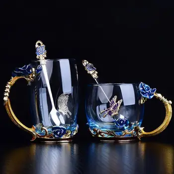 A beleza E a Novidade do Esmalte Xícara de Café, uma Caneca de Chá da Flor de Vidro Copos de Bebidas Quentes e Frias Xícara de Chá de Colher Conjunto Perfeito Presente de Casamento