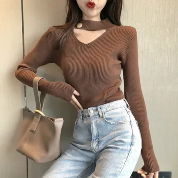 NIJIUDING Chique Oco de Tricô Camisolas com Decote em V Estilo coreano Casual Slim Malhas Feminino 2020 Outono de Cor Sólida Camisola das Mulheres