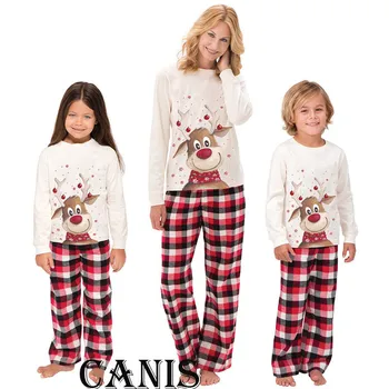 Natal NATAL da Família de Correspondência de Pijama Conjunto de Mulheres Adultas, as Crianças de pijamas, Pijamas de Manga Longa veado Imprimir T-shirt Xadrez Longo Panst