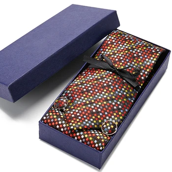 Caixa de presente de Luxo Novo Cinza Gravata Conjunto 7cm preto Xadrez Gravata Gravata Bolso Quadrado Lenço de Punho de Terno Para Casamento