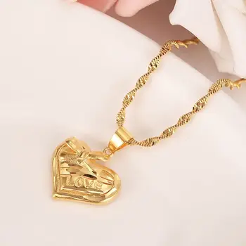 24 K Sólido Amarelo Ouro Concluir AMOR Lindo Colar de Coração Pingente Brinco de conjunto de Mulheres conjuntos de jóias PNG Dubai melhor presente