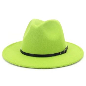 QBHAT mulheres homens Britânica Retro Jazz Senti Chapéu de aba larga Artificiais de Lã, Chapéus de Fedora com a fivela do seu cinto de Trilby Panamá green hat