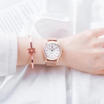 WWOOR Marca de Luxo, Mulheres Relógios Strass Vestido Quartz Ladies Watch Rose Gold Malha Banda Diamante Relógio de Pulso relógio de Pulso Feminino