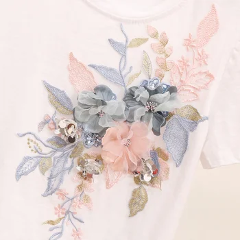 LUOSHA Mulheres 2019 Primavera, Verão Curto Manga Camiseta+Jeans Terno Bordado de Flores em 3D Oco Buraco Bainha StylishDenim Calças Conjunto