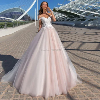 Glamourosos Vestidos de Noiva cor-de-Rosa com Apliques de 2021 Querida Off Ombro em Tule Vestidos de Noiva sem Mangas Espartilho Vestido de Noiva