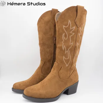 Hemera Estúdios de alta botas de inverno das mulheres 2020 cowboy, botas estilo camperas animal print zíper festa de Natal