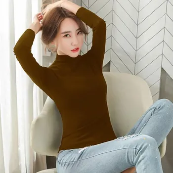 2020 Outono Inverno Novo Meia Gola Alta Cor Sólida Assentamento Camisa das Mulheres coreano Versão Com Mangas compridas Magro T-Shirt Superior M-