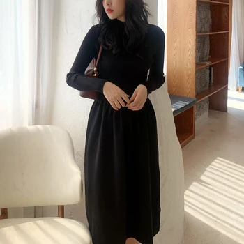 Vermelho De Malha Outono Inverno Longo Vestido Feminino Coreano A Uma Linha De Cintura Alta Do Vestido De Túnica Femme 2020 Mulher Manga Longa Vestido De Camisola