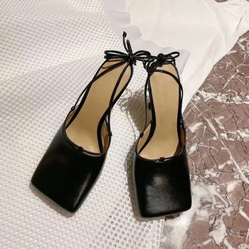 Sandálias de mulheres de salto alto tornozelo cruz laços chinelos de tecido de dois desgaste vocação sapatos de praia dedo do pé quadrado 2020 pista de vestido de festa de bombas