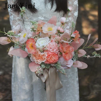 JaneVini 2020 Elegante Do Casamento De Noiva Cor-De-Rosa Da Flor De Verão Artificiais De Seda Rosa De Dama De Honra Mão Buquê De Noiva Buquê Acessórios