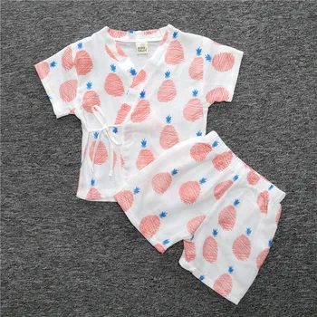 BCS225 meninas meninos vestuário de pijama terno bebê fina gaze de algodão roupas moda verão dos meninos mangas curtas + calças curtas