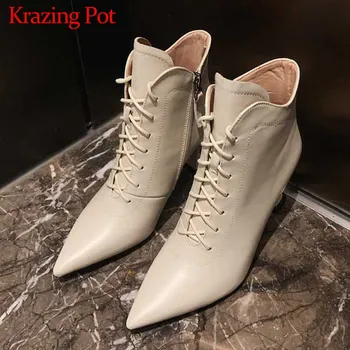 Krazing Pote novo original moda em couro botas de salto alto apontado toe salto alto inverno quente de moda lace mulheres ankle boots L17