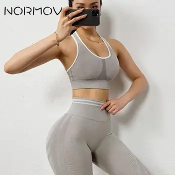 NORMOV Perfeita Yoga Conjunto 2 peças de roupa esportiva Feminina Treino Despojado Sutiã+Cintura Alta Ginásio Leggings Mulheres Sportwear
