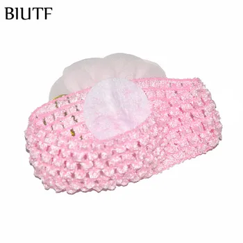 24pcs/muito Elástico do Crochet Cabeça com 4 polegadas de Folha Verde Chiffon Flor Crianças Fantasia Batismo Headwear HB037
