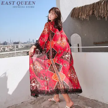 Vermelho moda praia quimono casaquinho de protetor solar boho chic feminino blusa mexicano de impressão mulheres tops de verão de 2019 longa camisa feminina AA4820