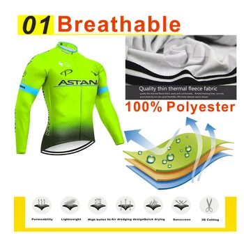 2020 Ciclismo Camisas Verde-Fluorescente de ASTANA Roupas de Inverno de Ciclismo Polar Uniforme Quente de manga comprida, Bicicleta, Roupas Bicclet