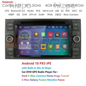 8 Core 2 Din DVD Player do Carro Android De 10 de Rádio para Ford Transit Focus C-MAX Connect S-MAX, Kuga, Mondeo wi-Fi 4G, GPS, Bluetooth, Rádio