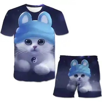 Animais de gato crianças conjuntos de Roupas para Meninos de Verão meninas 3D T-Shirt terno Curto Menino Roupa Esporte Atender Crianças Definir filho bebê Traje