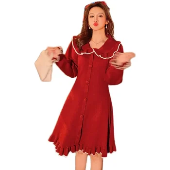 Leiouna Uma Linha Sólida Doce de Mulheres Pouco Vestido de Malha de Gola Boneca Pode Ser Sal Suave Brisa Pouco Outono Inverno Saia Vermelha.