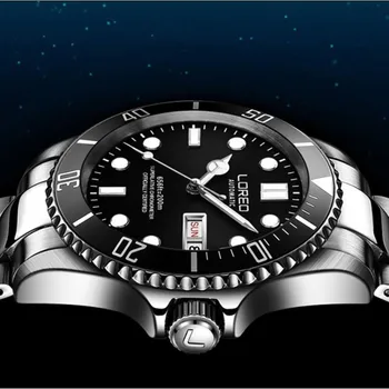 Original LOREO Relógios 200m Impermeável Relógio de mergulho Mecânico Automático Relógios de Homens de Safira de Dupla Calendário Luminoso Total de Aço
