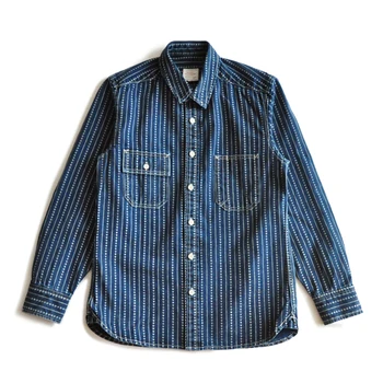 SauceZhan Jeans Indigo Wabash Stripe Work Shirt Selvedge jeans Shirt heart Denim Shirt shirt men long sleeve shirt vintage