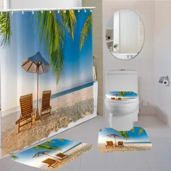 Verão, Praia Tropical Cortina de Banho de Impressão 3D do Sol Plam Árvore Anti Derrapante Banheira Tapete Wc tampa Tampa Banheira Conjunto de 4pcs Decoração do Banheiro