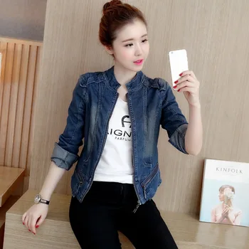 Mulheres streetwear stand colarinho curto, de jaqueta jeans plus tamanho 3XL