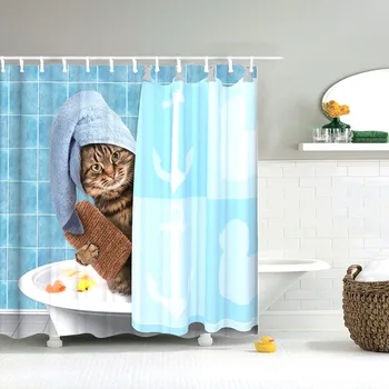 Cortina de chuveiro do Gato Engraçado Gato Gatinho para casa de Banho de Gato Gordo Escovar os Dentes Design Impermeável, Anti Mofo Cartoon Cortina de Chuveiro