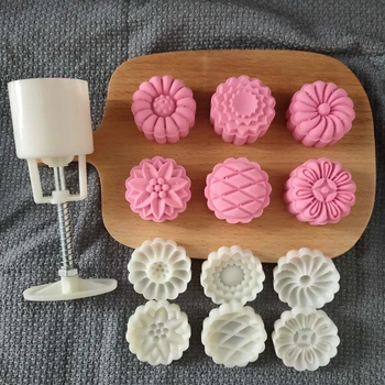 Reutilizáveis 6Pcs/4Pcs Festival Cookie Decorar 50g de Plástico/Aço Inox Multi-usos de Mooncake Moldes 3D em Forma de Flor